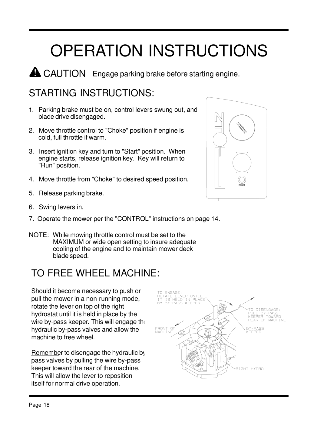 Dixon 13088-1100A manual Starting Instructions, To Free Wheel Machine 