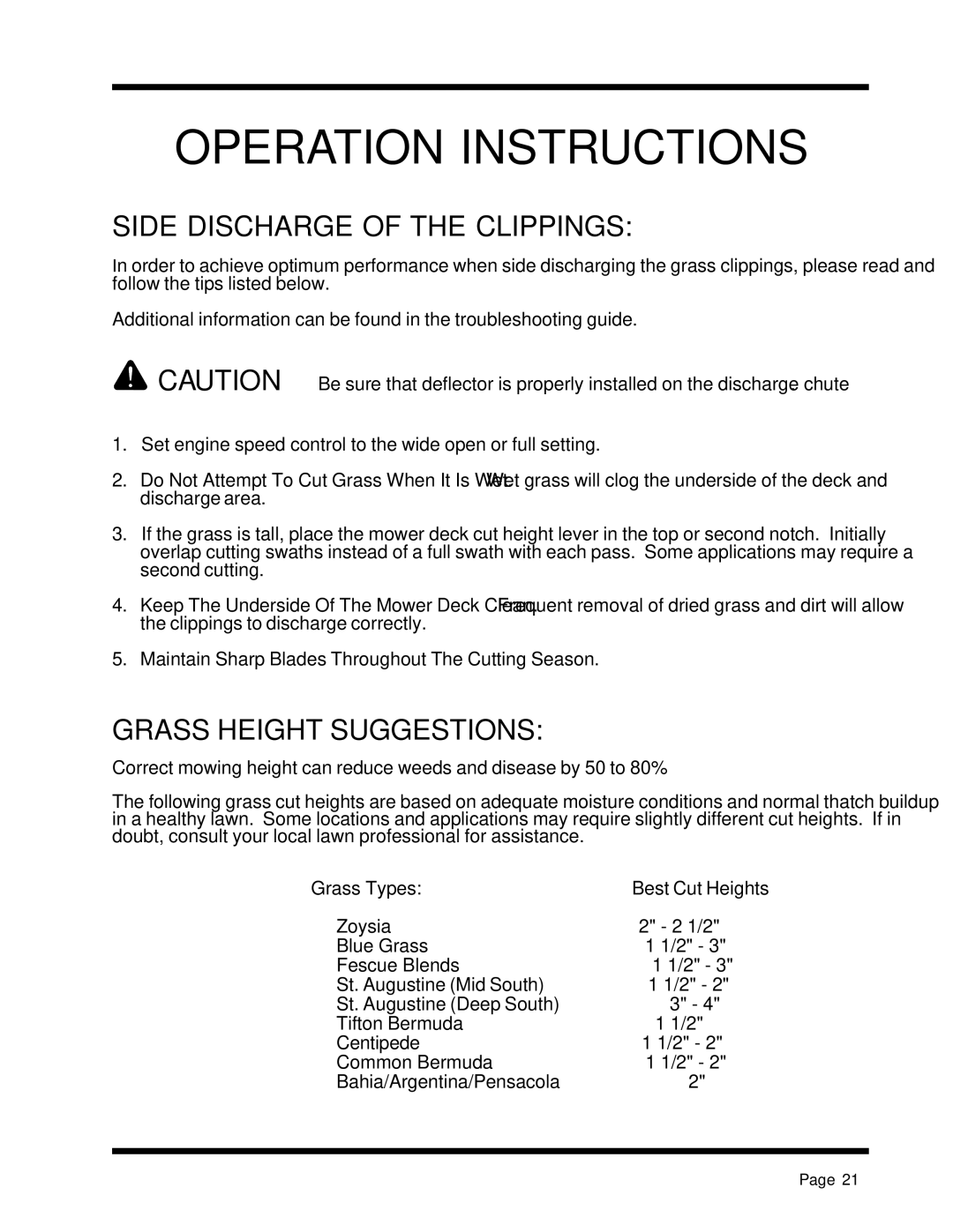 Dixon 13088-1100A manual Side Discharge of the Clippings, Grass Height Suggestions 