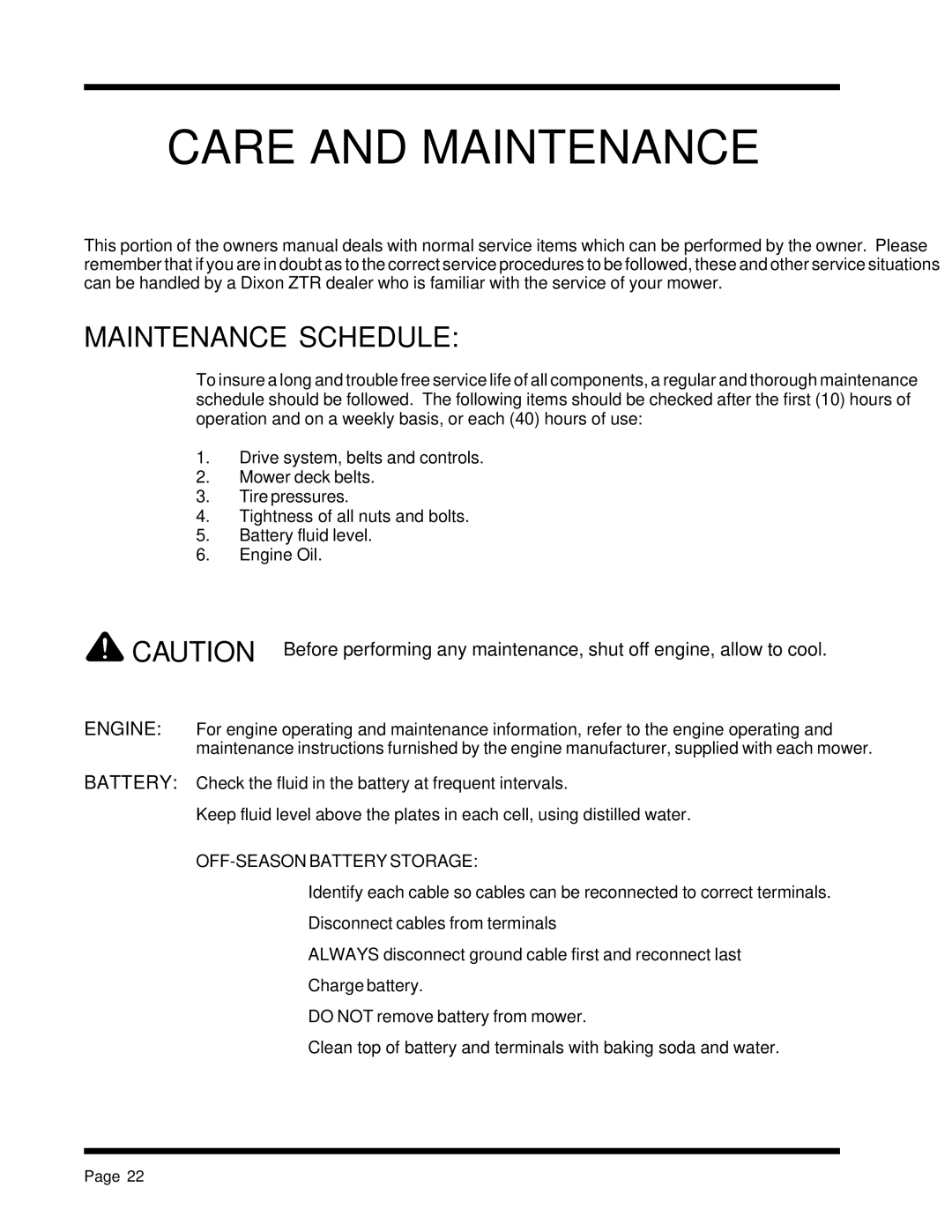 Dixon 13088-1100A manual Care and Maintenance, Maintenance Schedule 