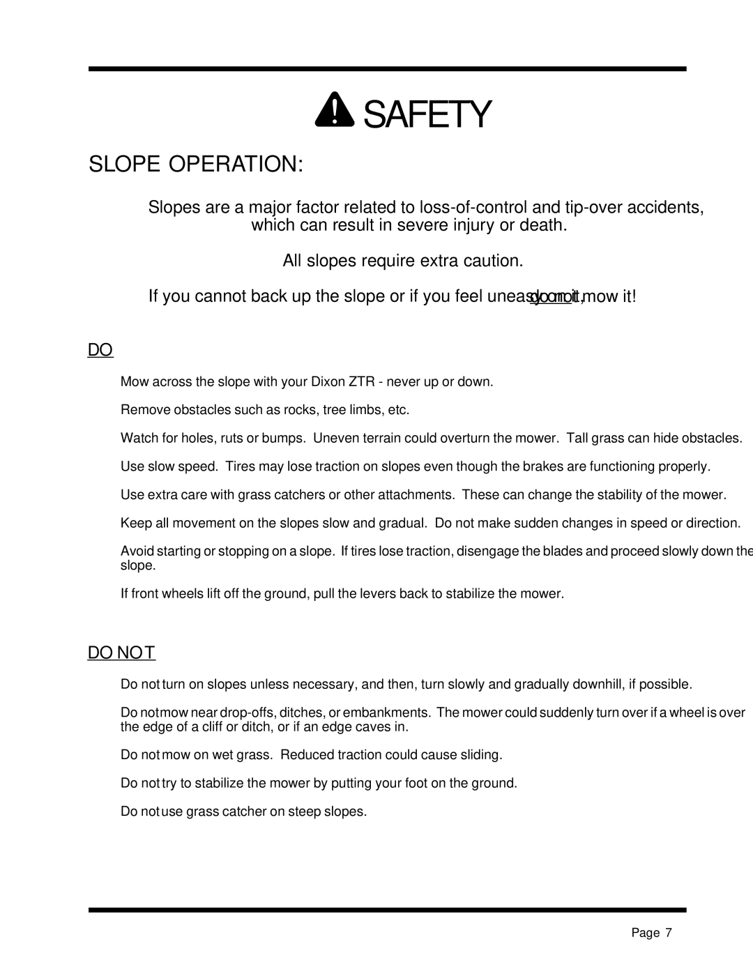 Dixon 13088-1100A manual Slope Operation, Do not 