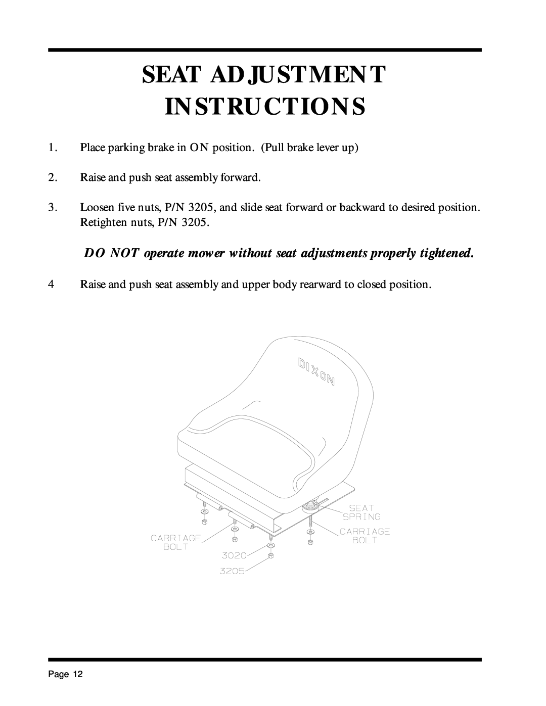 Dixon 13088-1100A Seat Adjustment Instructions, DO NOT operate mower without seat adjustments properly tightened, Page 