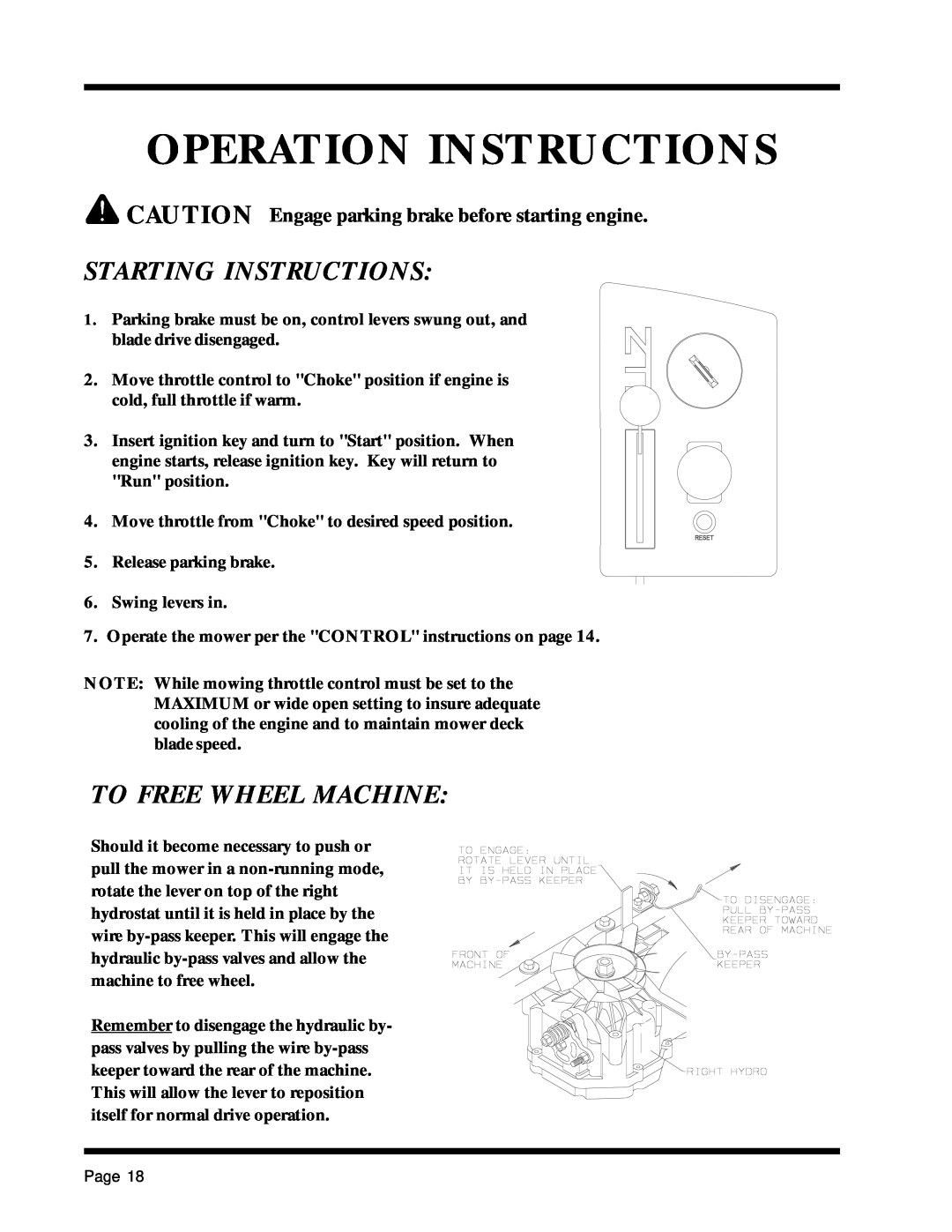 Dixon 13088-1100A manual Starting Instructions, To Free Wheel Machine, Operation Instructions 