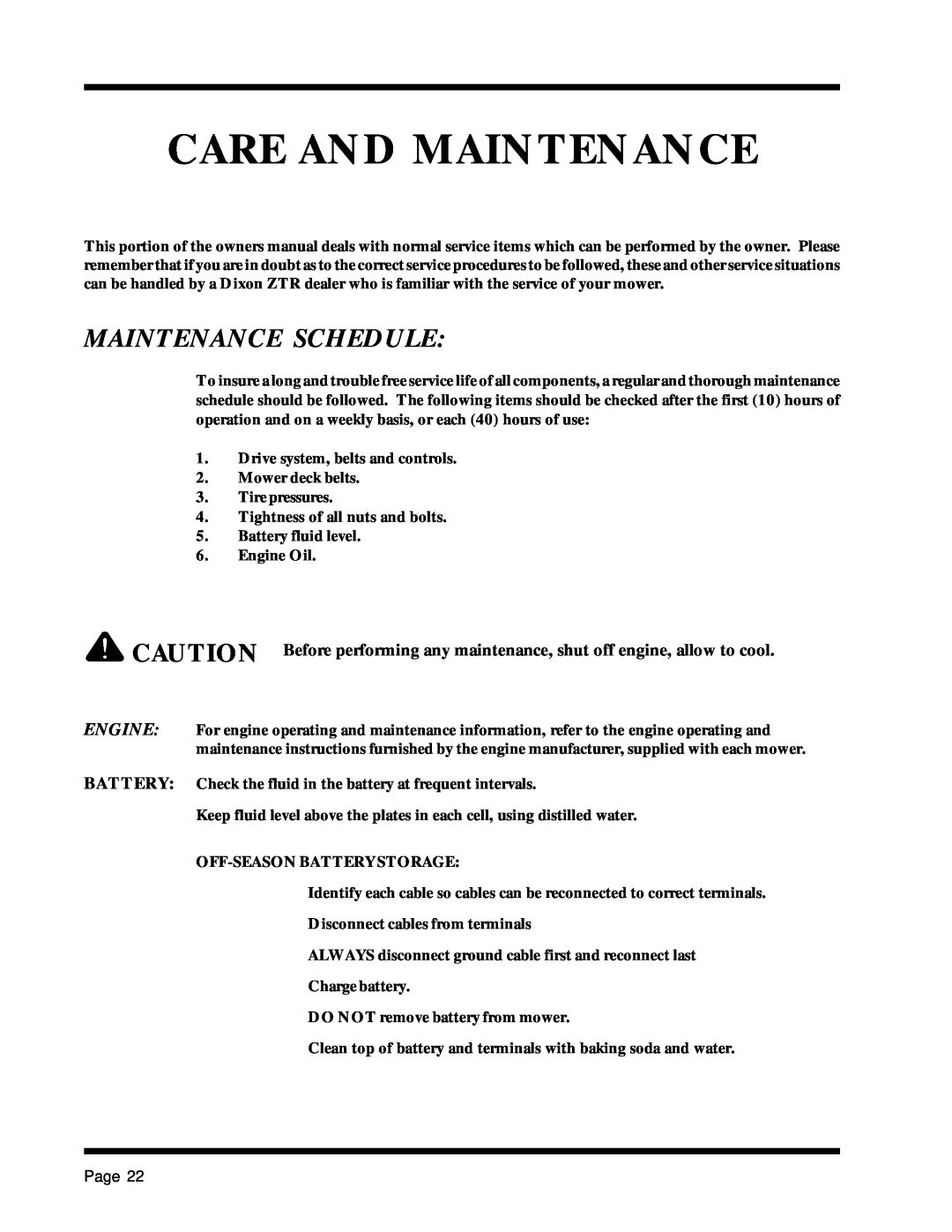 Dixon 13088-1100A manual Care And Maintenance, Maintenance Schedule 