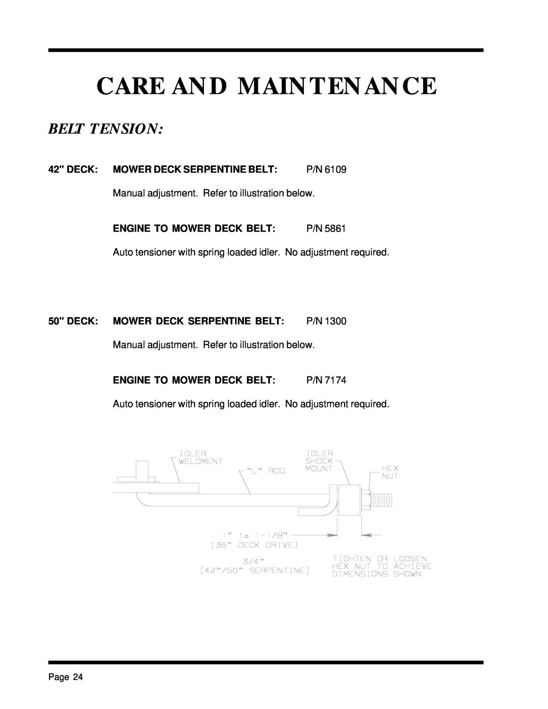 Dixon 13088-1100A Belt Tension, Care And Maintenance, Deck Mower Deck Serpentine Belt, Engine To Mower Deck Belt, Page 