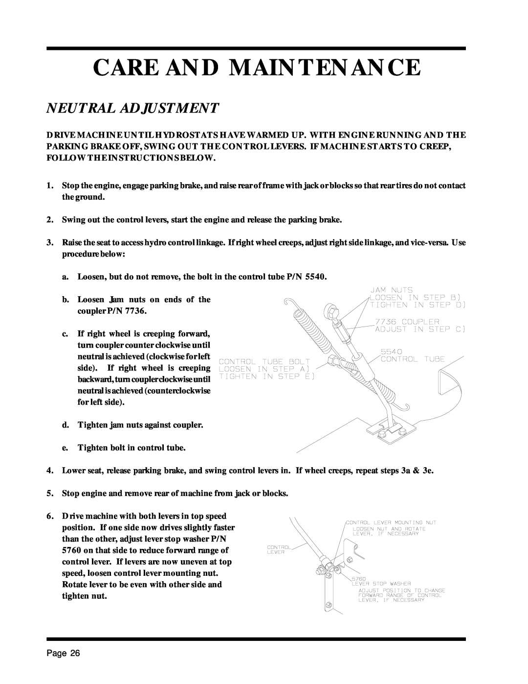 Dixon 13088-1100A manual Neutral Adjustment, Care And Maintenance 