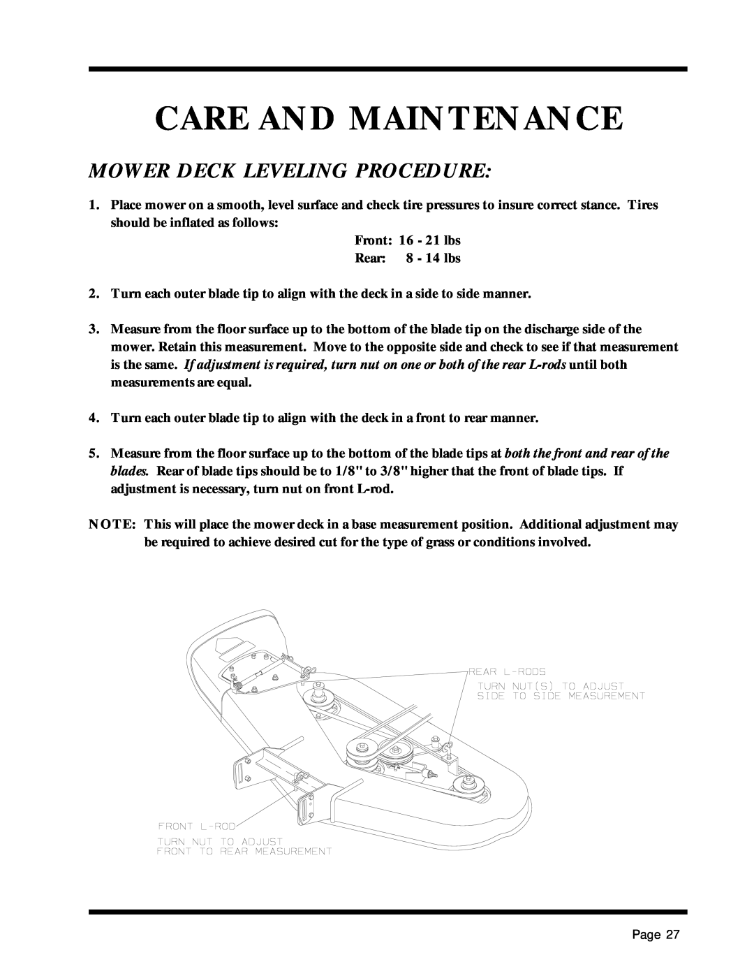 Dixon 13088-1100A manual Mower Deck Leveling Procedure, Care And Maintenance 