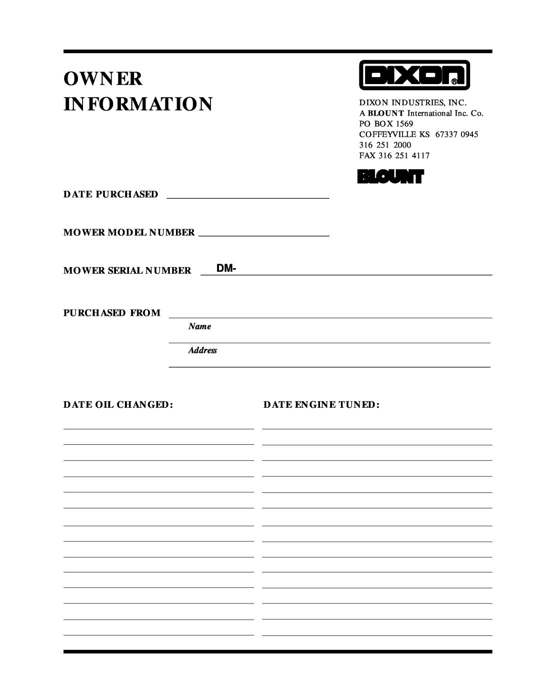 Dixon 13088-1100A manual Owner Information, Name, Address 