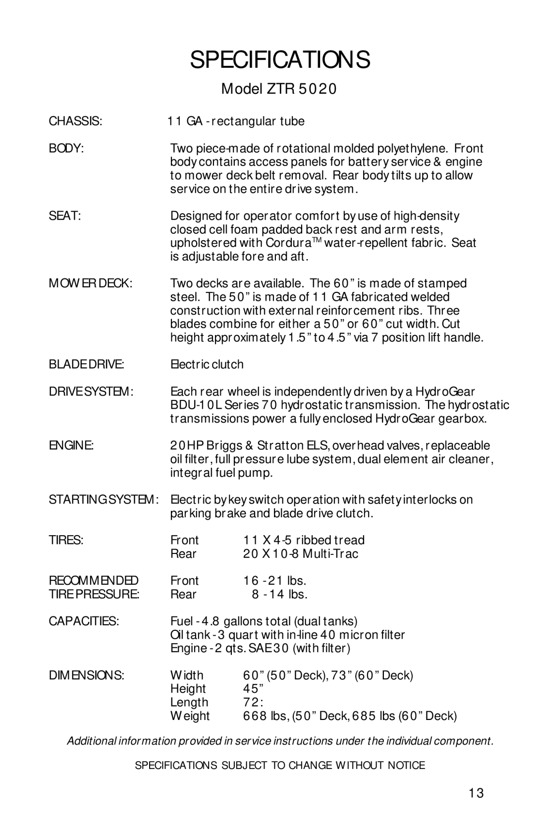 Dixon 13089-0601 manual Specifications 