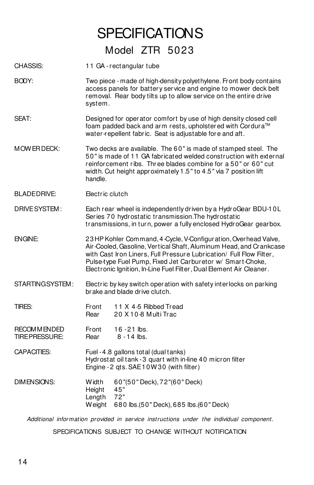 Dixon 13089-0601 manual Specifications, Model ZTR 