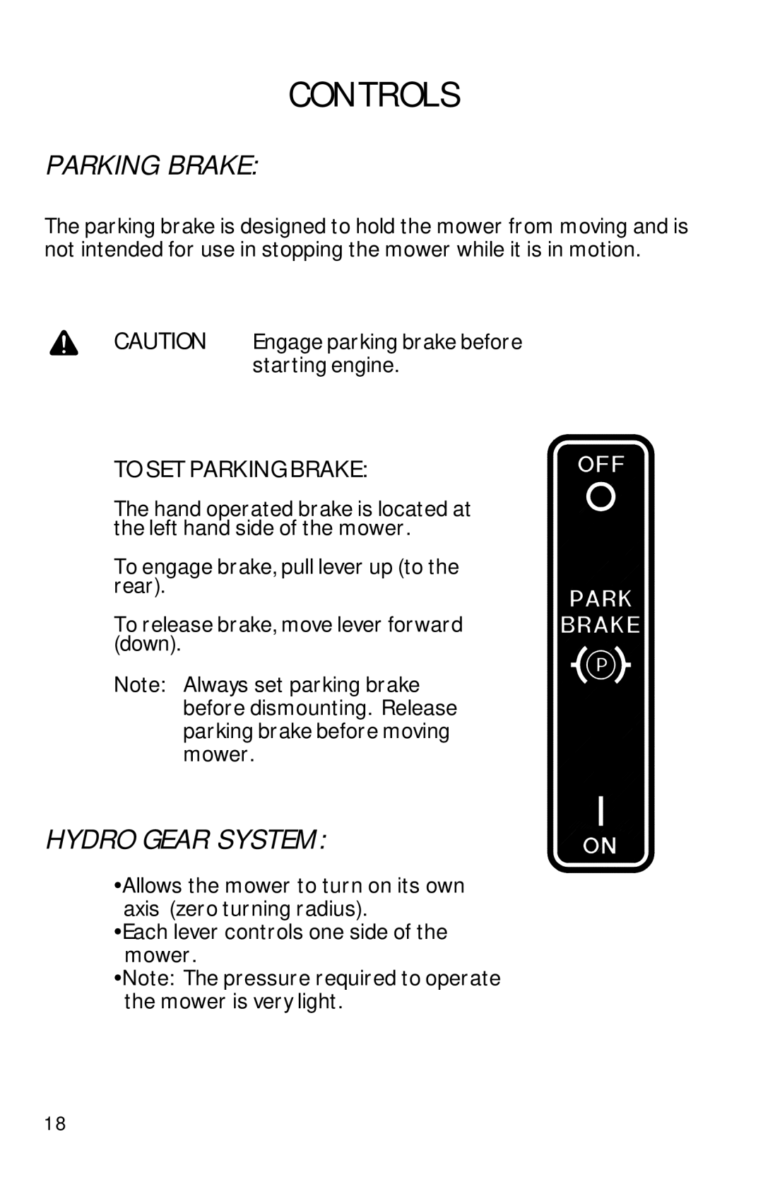 Dixon 13089-0601 manual Parking Brake, Hydro Gear System 