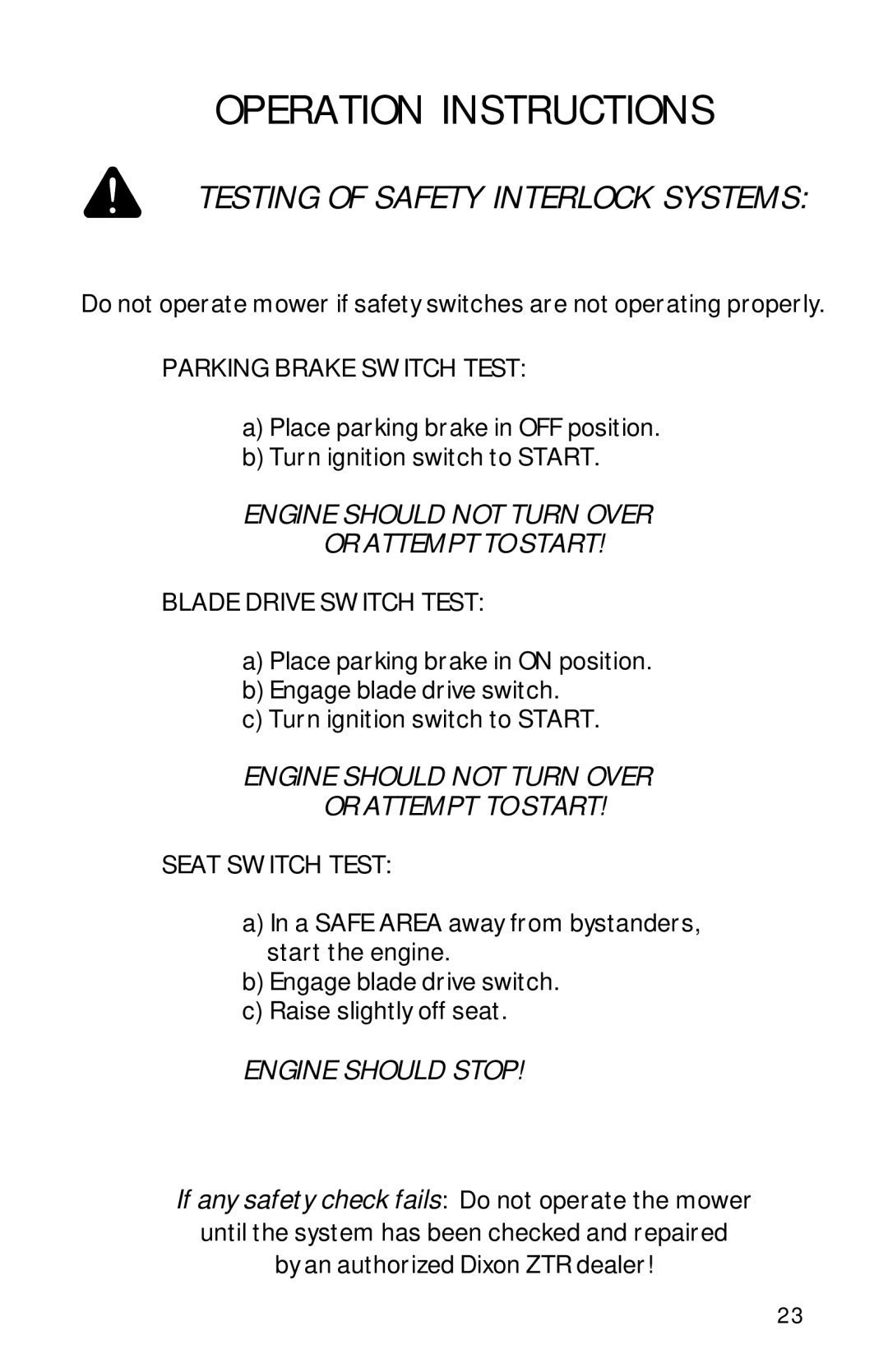 Dixon 13089-0601 manual Testing of Safety Interlock Systems 