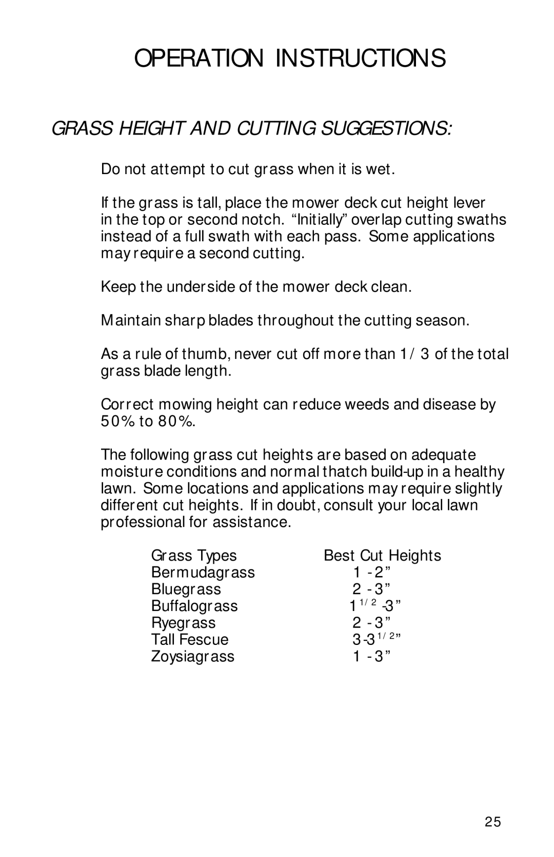 Dixon 13089-0601 manual Grass Height and Cutting Suggestions 