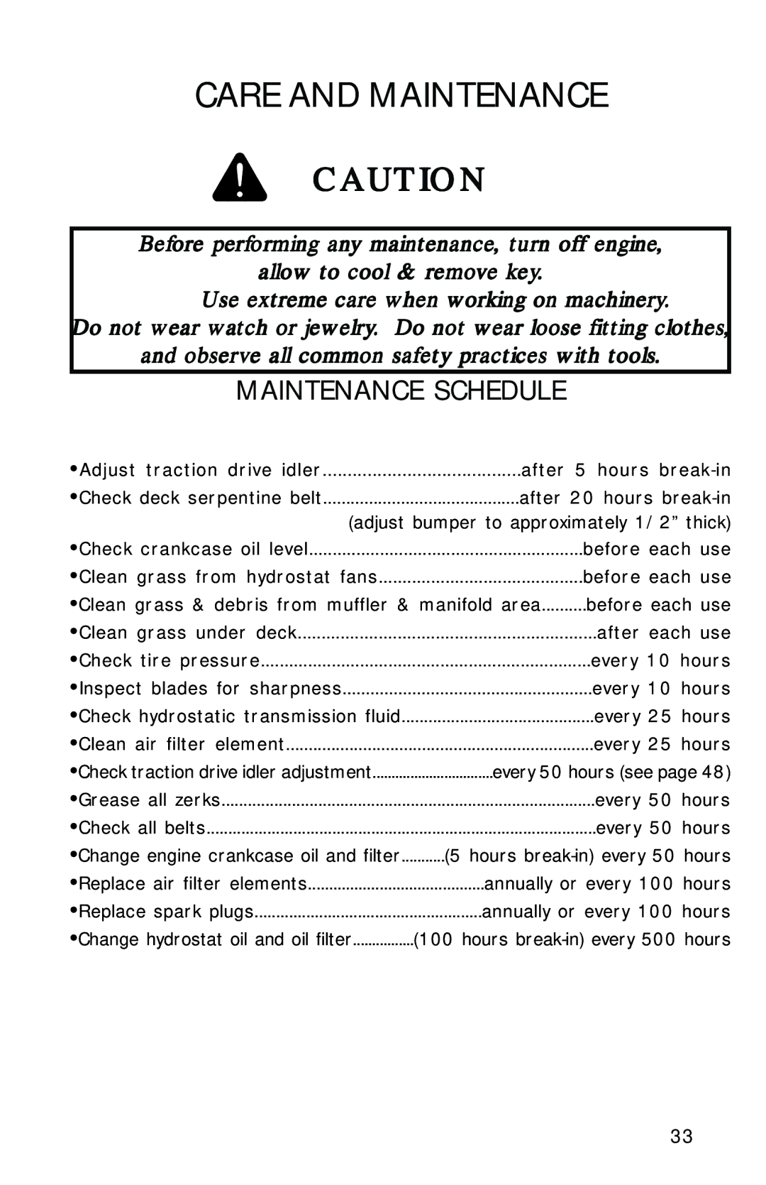 Dixon 13089-0601 manual Care and Maintenance, Maintenance Schedule 