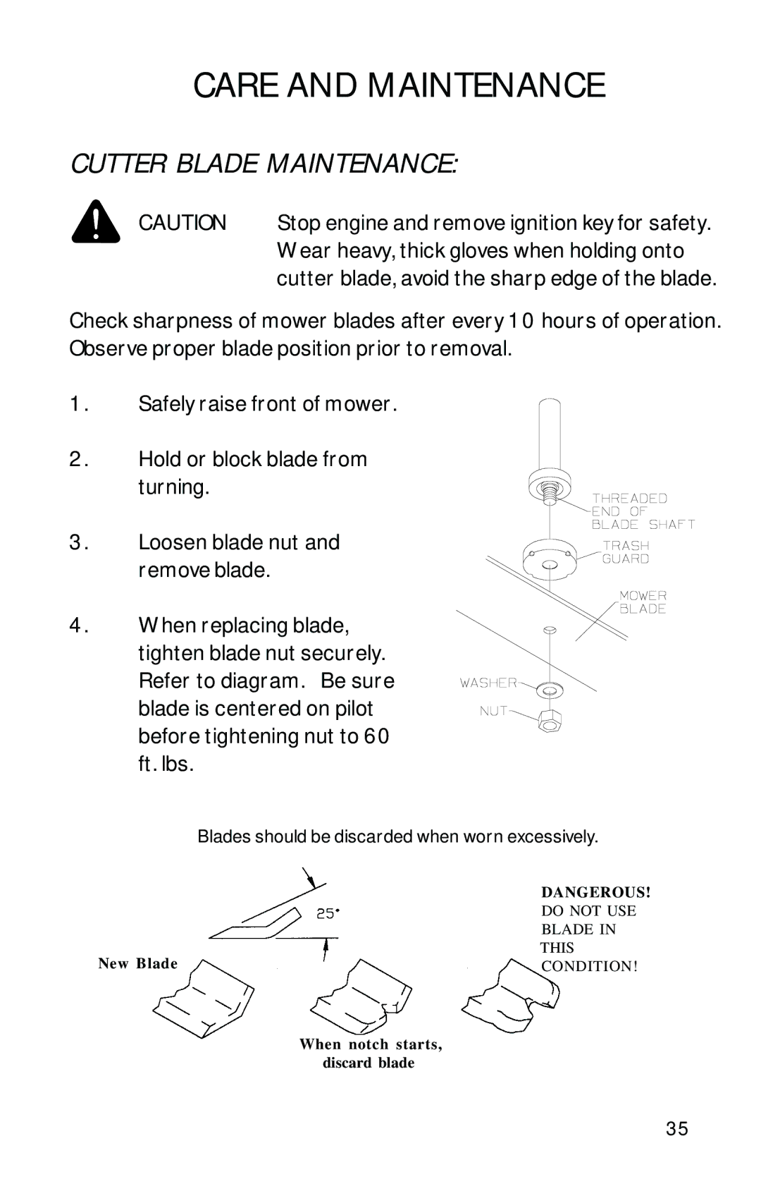 Dixon 13089-0601 manual Cutter Blade Maintenance 