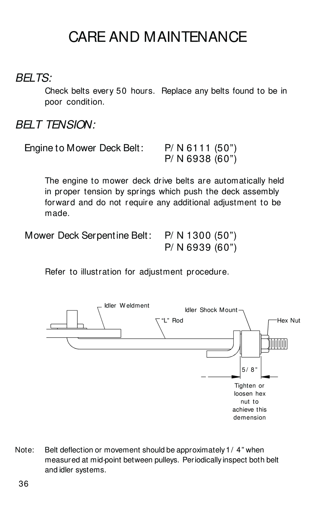 Dixon 13089-0601 manual Belts, Belt Tension 