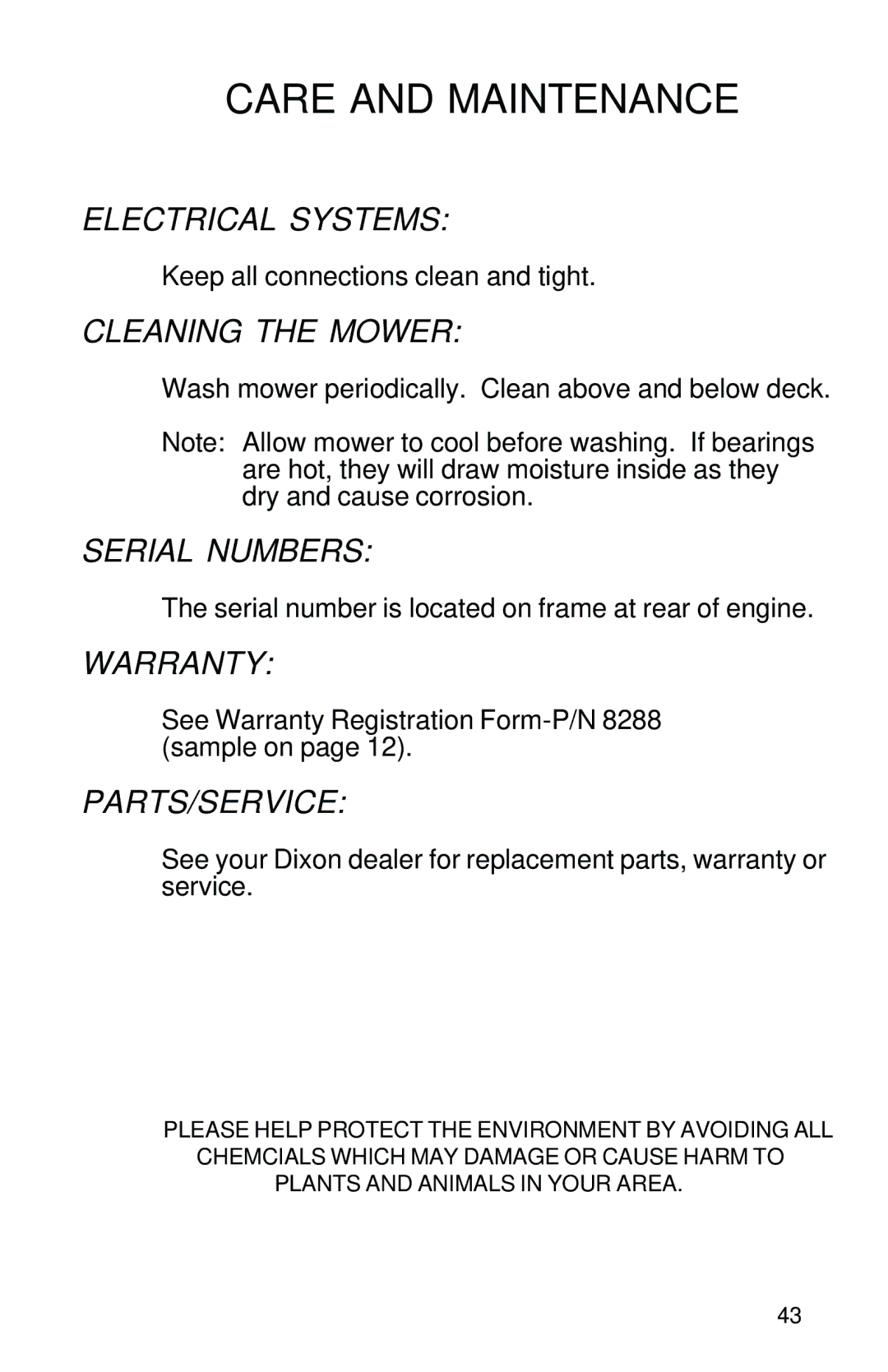 Dixon 13089-0601 manual Electrical Systems, Cleaning the Mower, Serial Numbers, Warranty, Parts/Service 