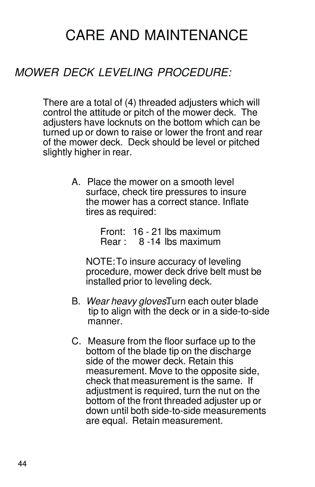 Dixon 13089-0601 manual Mower Deck Leveling Procedure 