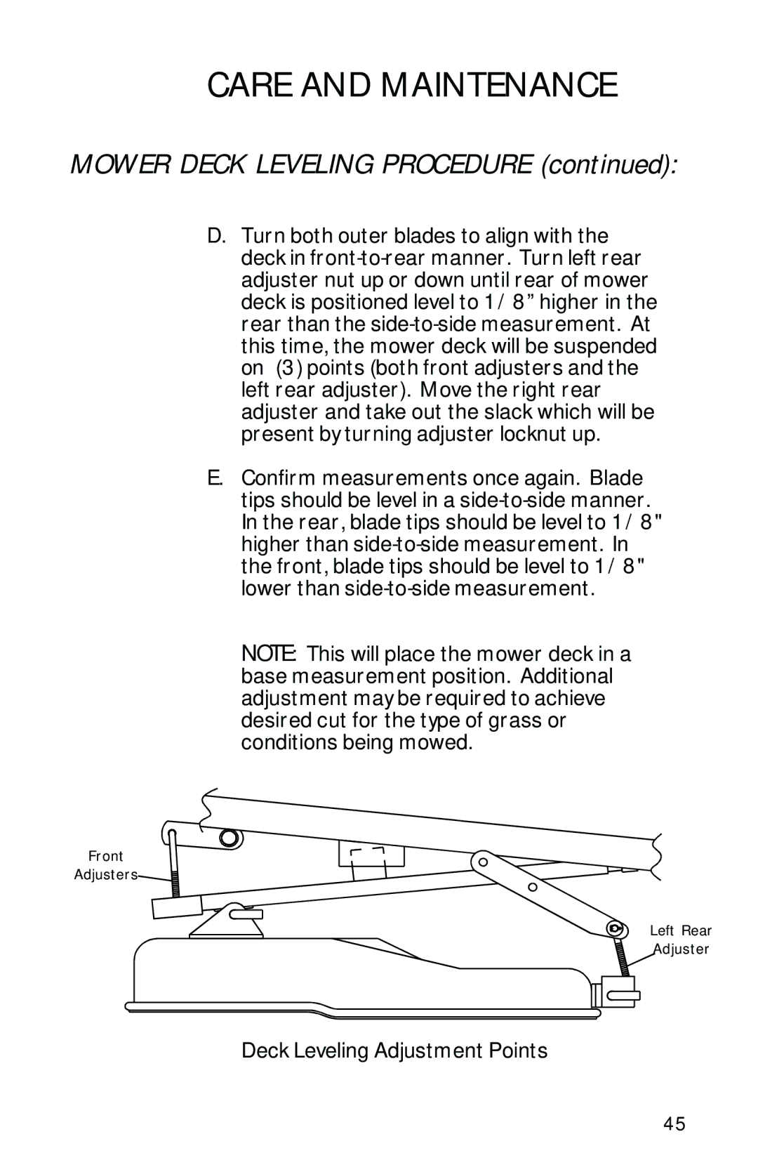 Dixon 13089-0601 manual Mower Deck Leveling Procedure 