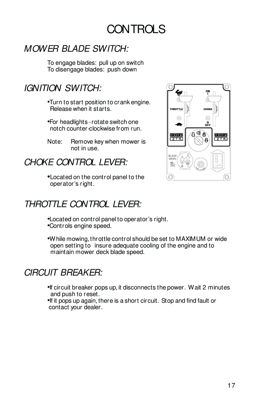 Dixon 13092-0901 manual Mower Blade Switch, Ignition Switch, Choke Control Lever, Throttle Control Lever, Circuit Breaker 