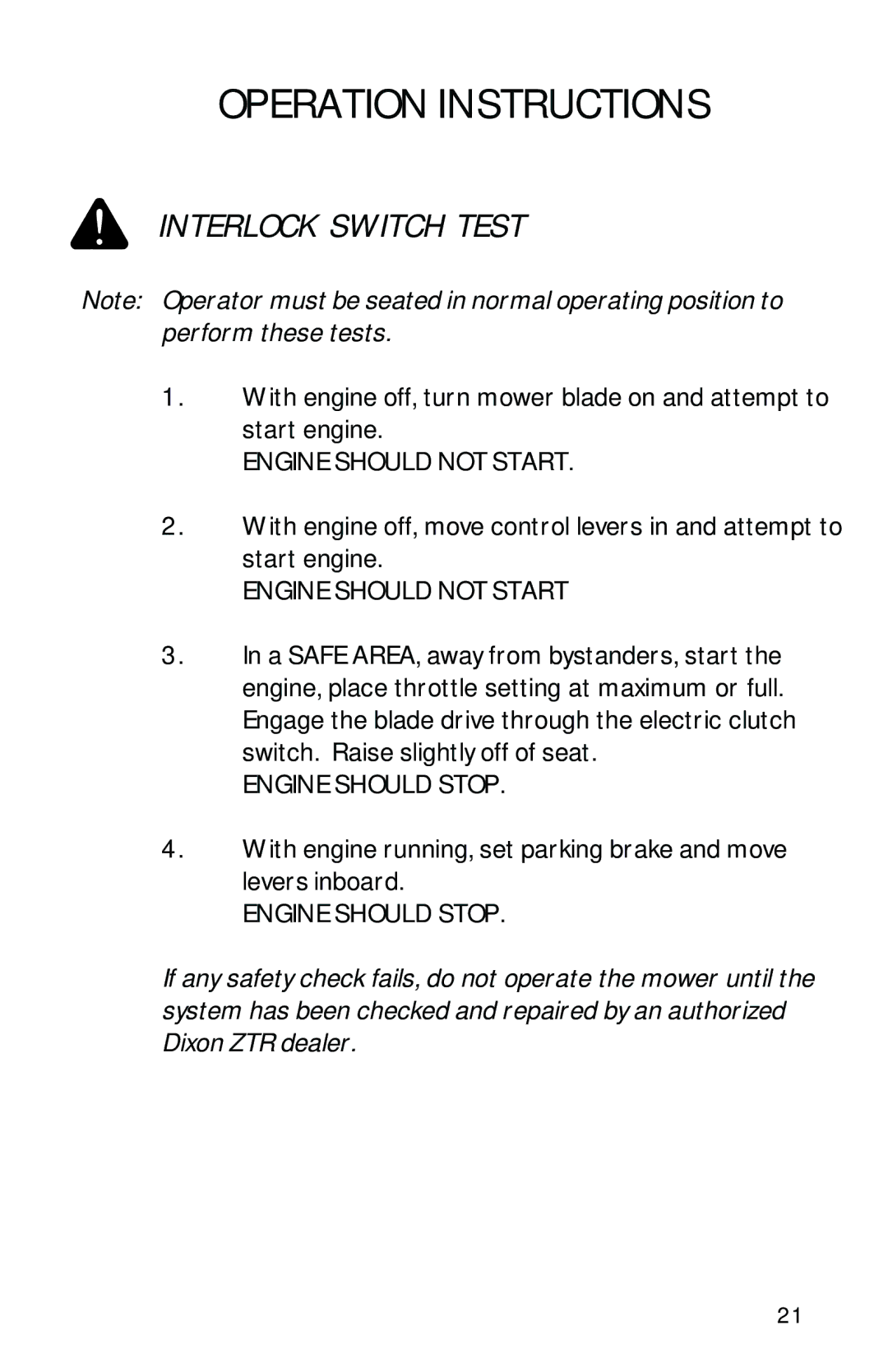 Dixon 13092-0901 manual Interlock Switch Test 