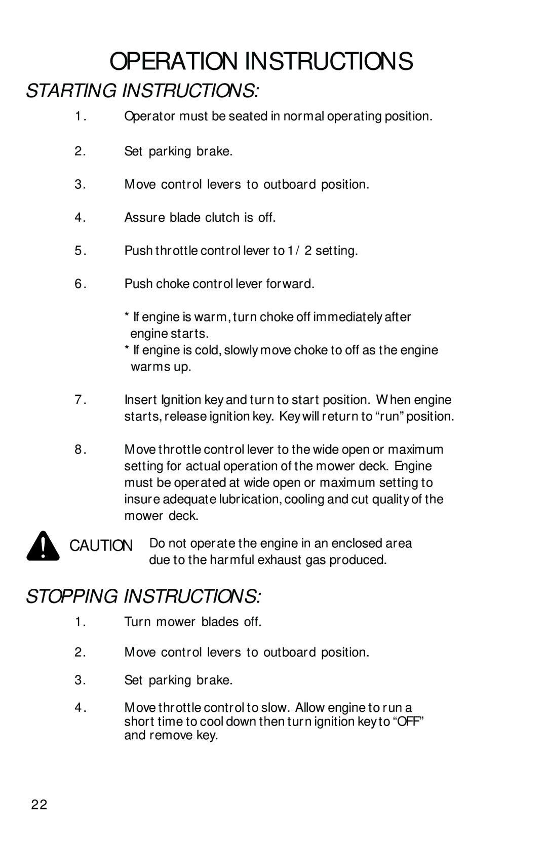 Dixon 13092-0901 manual Starting Instructions, Stopping Instructions 