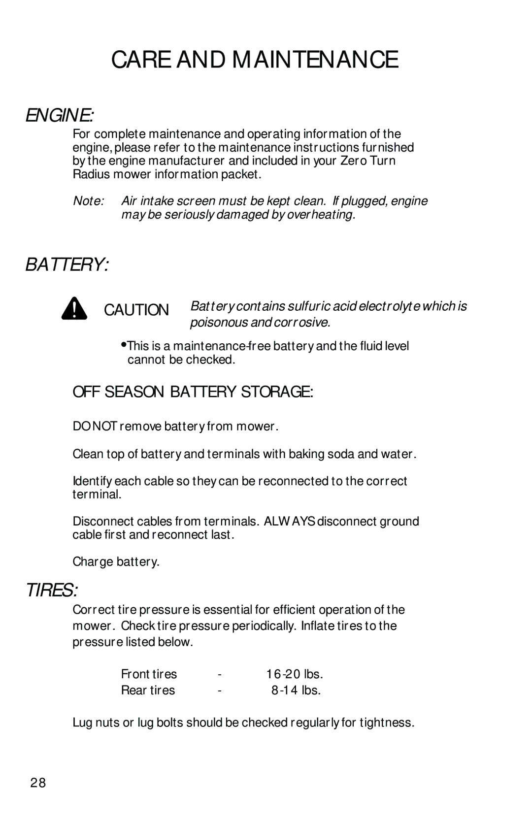 Dixon 13092-0901 manual Engine, Battery, Tires 