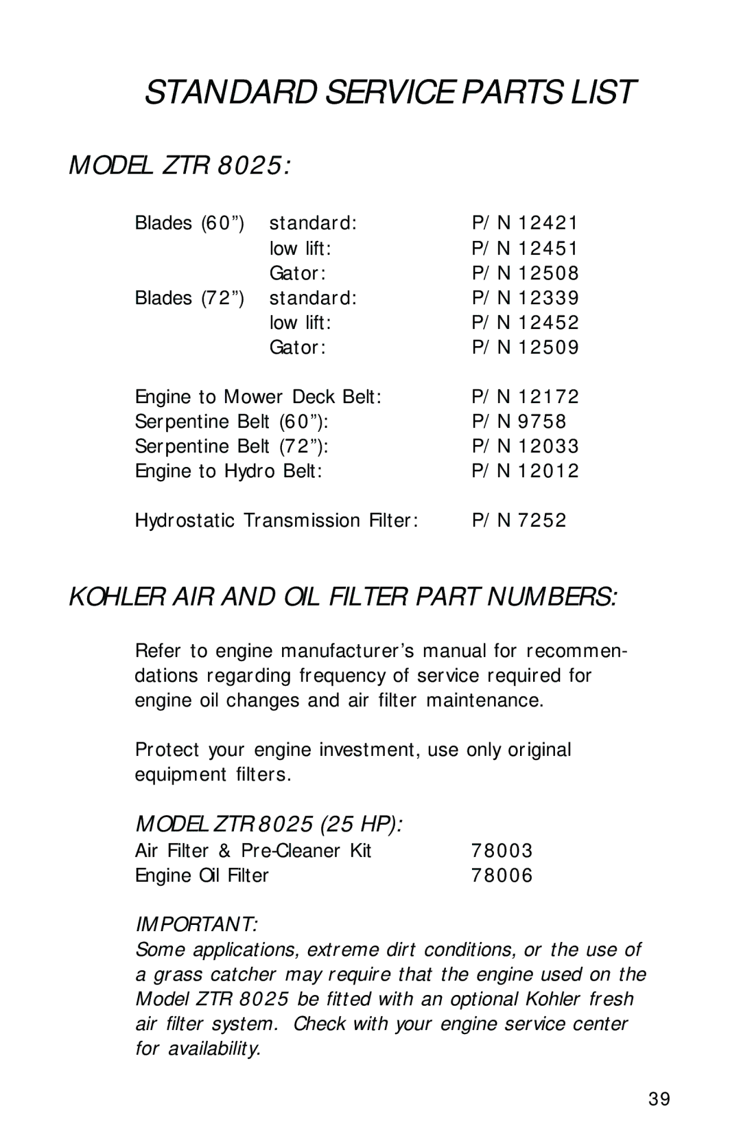 Dixon 13092-0901 manual Model ZTR, Kohler AIR and OIL Filter Part Numbers 