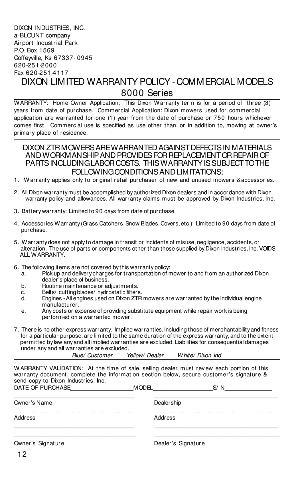 Dixon 13282-0801 manual Dixon Limited Warranty Policy Commercial Models 