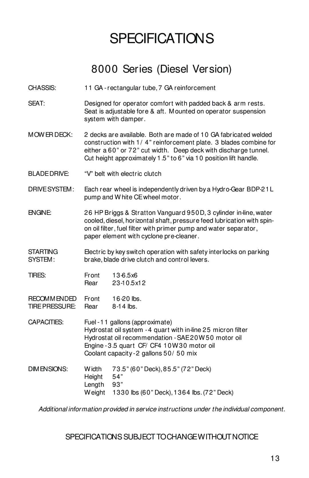 Dixon 13282-0801 manual Specifications, Series Diesel Version 