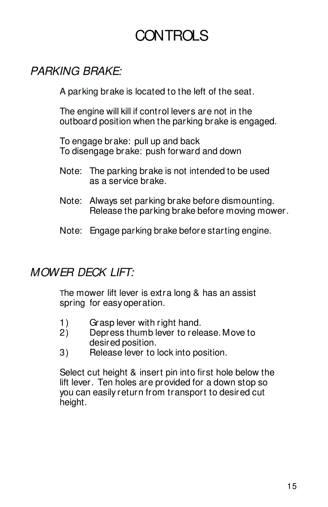 Dixon 13282-0801 manual Parking Brake, Mower Deck Lift 