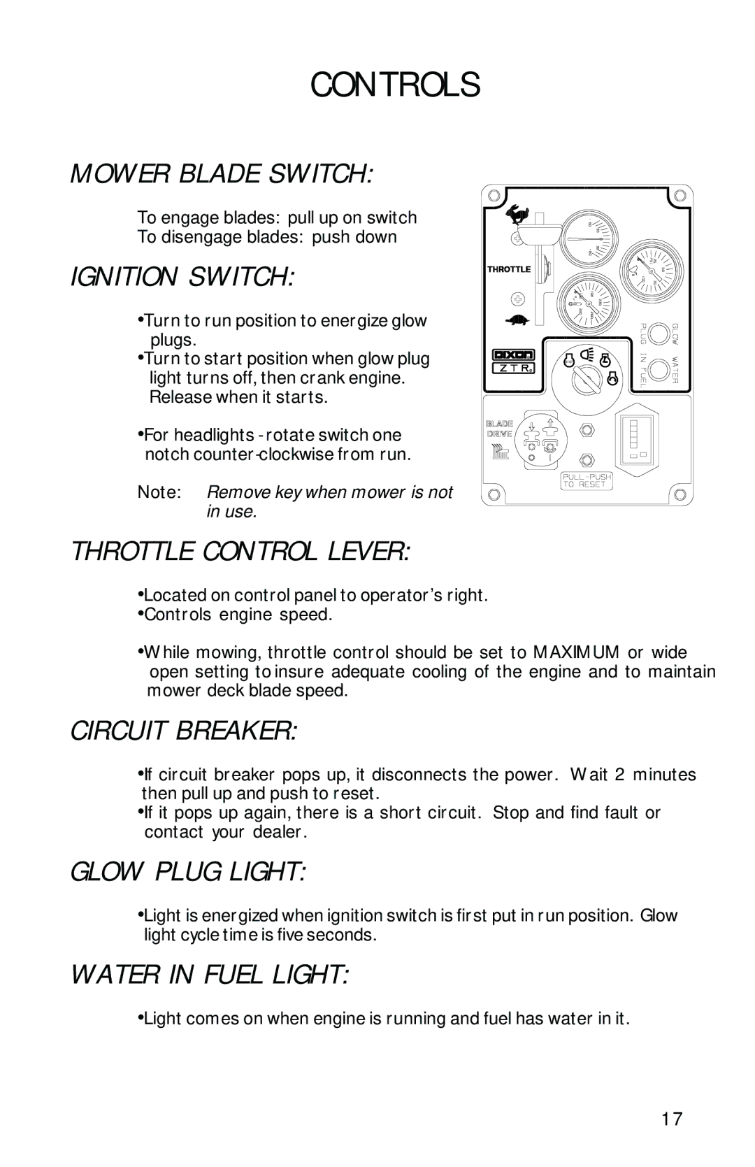 Dixon 13282-0801 manual Mower Blade Switch, Ignition Switch, Throttle Control Lever, Circuit Breaker, Glow Plug Light 