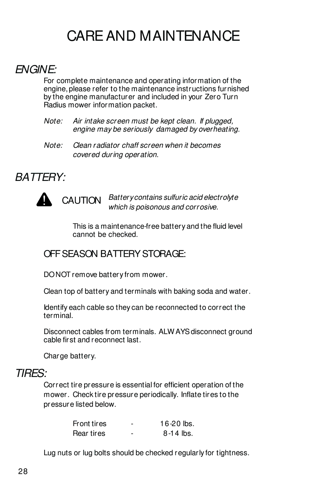 Dixon 13282-0801 manual Engine, Battery, Tires 