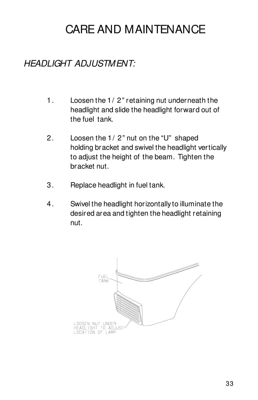 Dixon 13282-0801 manual Headlight Adjustment 