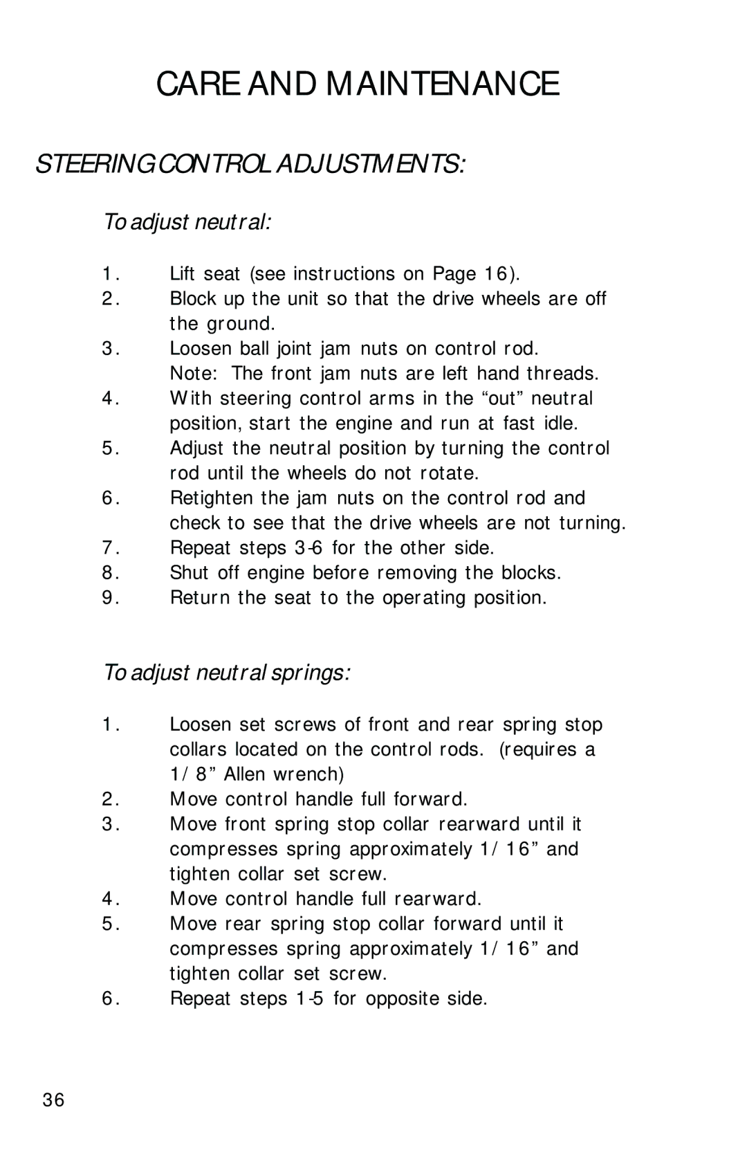 Dixon 13282-0801 manual Steering Control Adjustments, To adjust neutral springs 