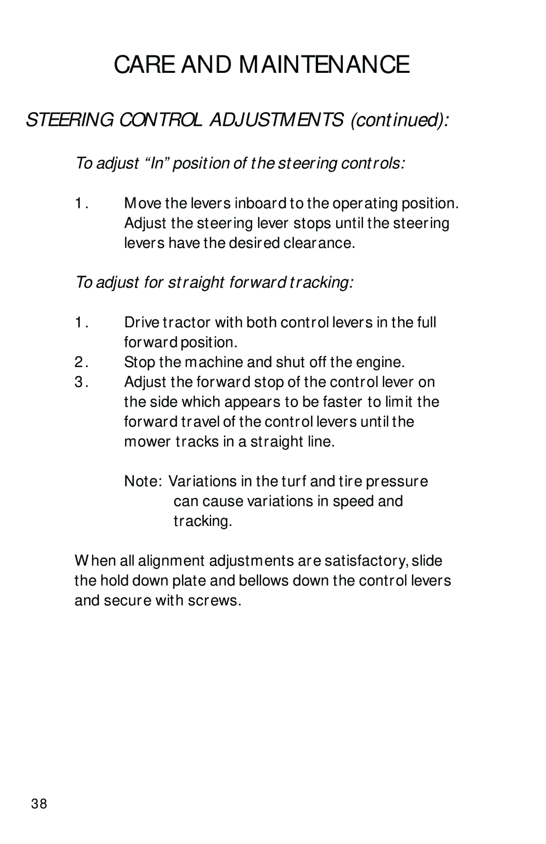 Dixon 13282-0801 manual To adjust In position of the steering controls, To adjust for straight forward tracking 