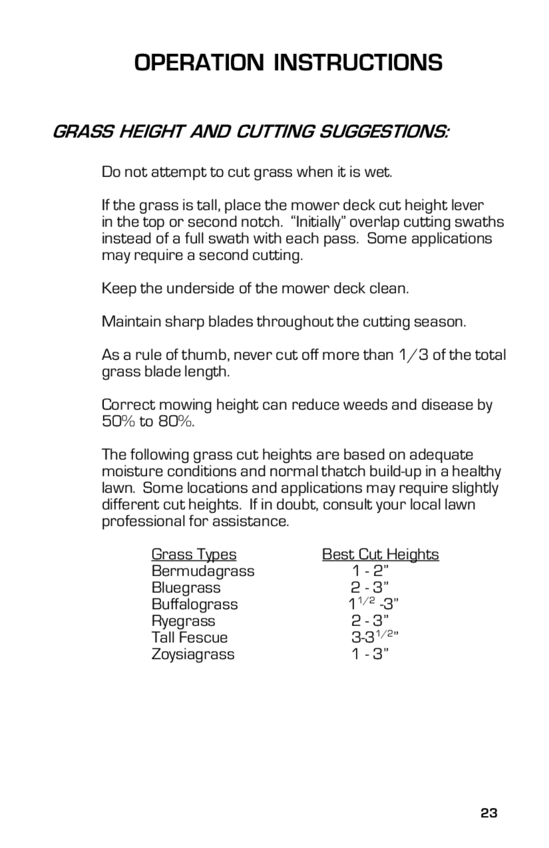 Dixon 13632-0702 manual Grass Height and Cutting Suggestions 