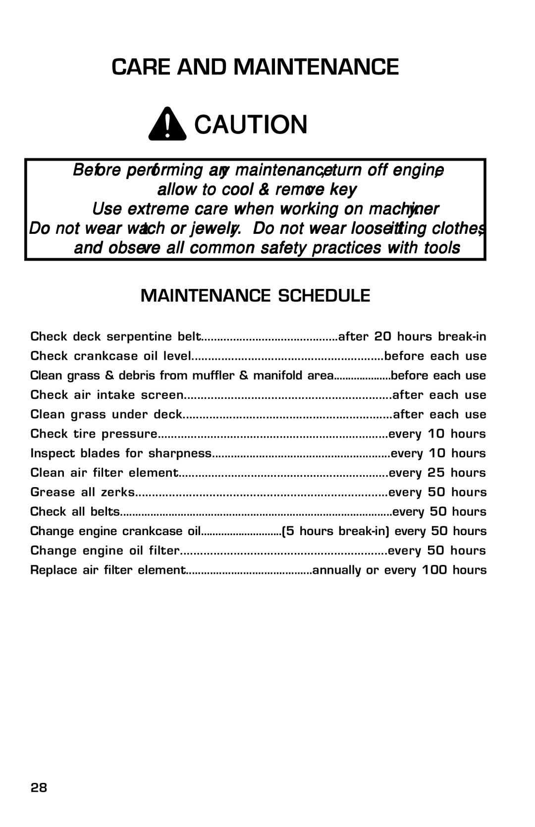 Dixon 13632-0702 manual Care and Maintenance, Maintenance Schedule 