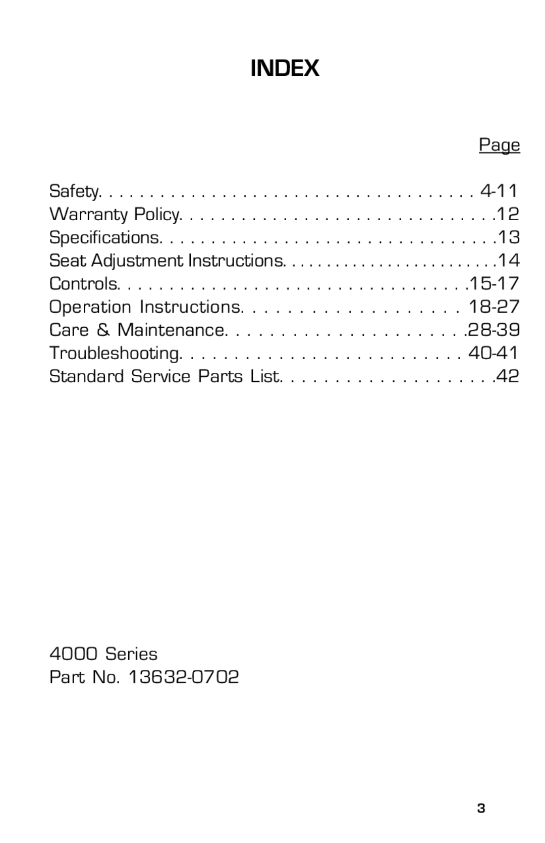 Dixon 13632-0702 manual Index, Safety Warranty Policy Specifications 