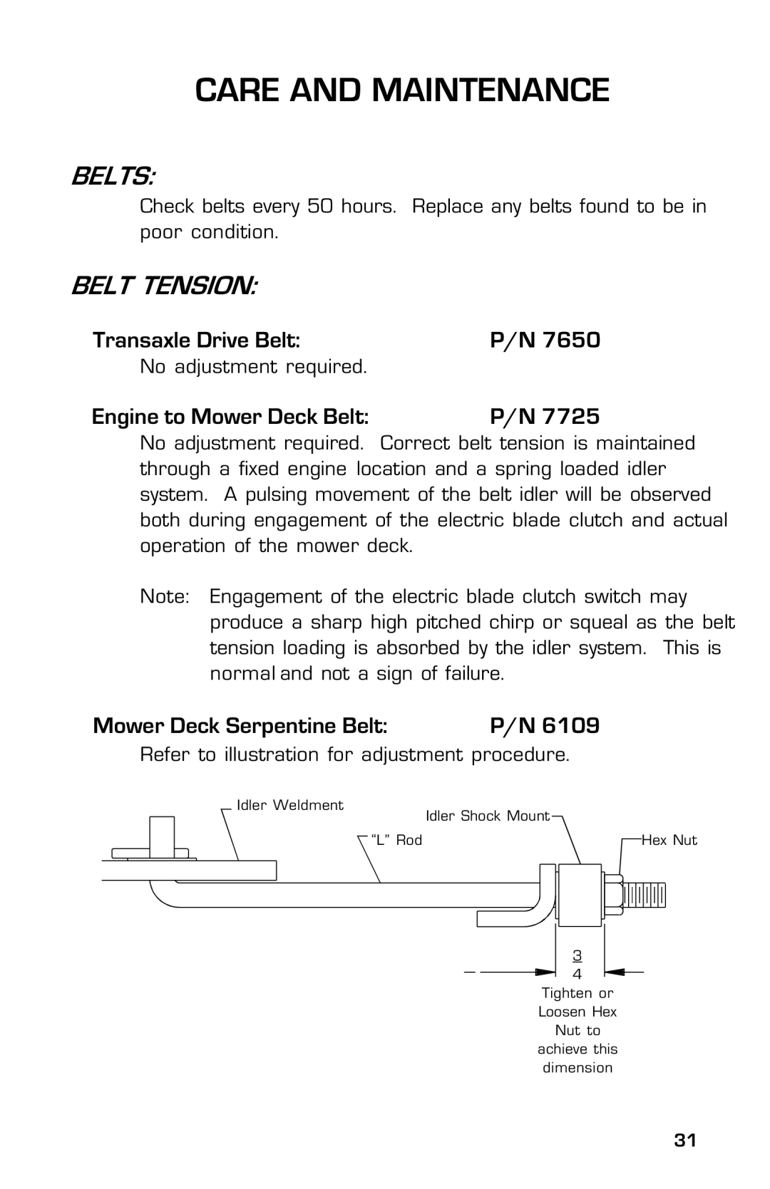 Dixon 13632-0702 manual Belts, Belt Tension 