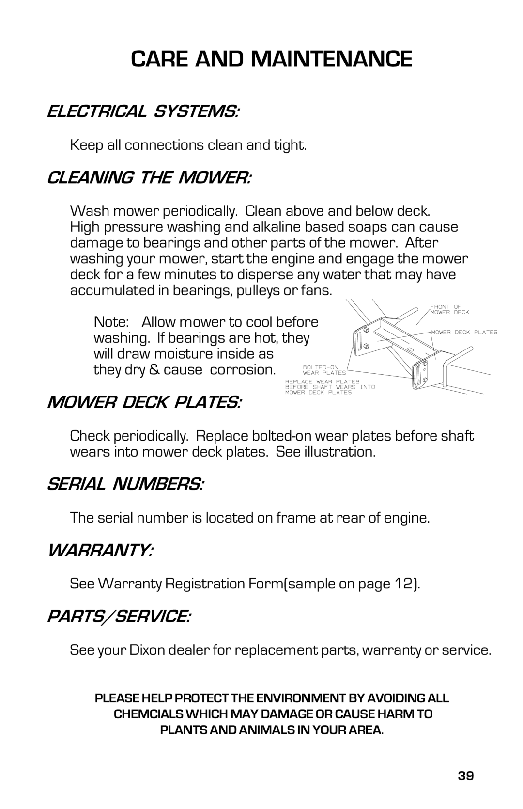 Dixon 13632-0702 manual Electrical Systems, Cleaning the Mower, Mower Deck Plates, Serial Numbers, Warranty, Parts/Service 