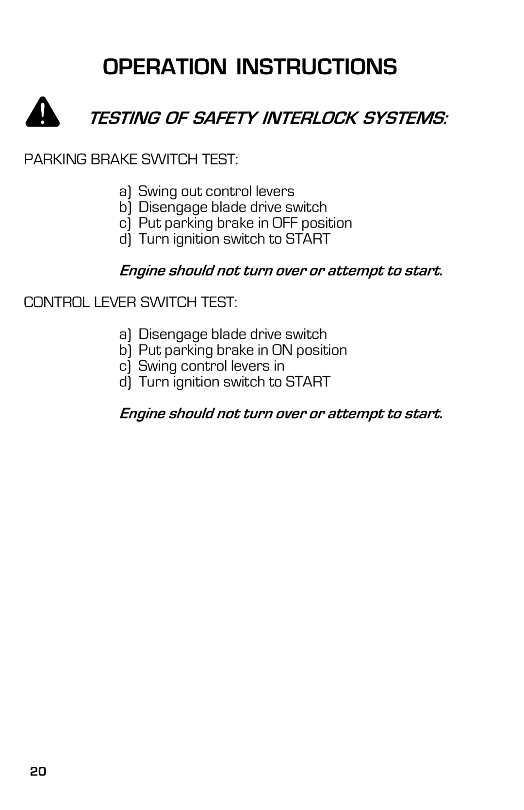 Dixon 13633-0702 manual Testing of Safety Interlock Systems, Parking Brake Switch Test, Control Lever Switch Test 