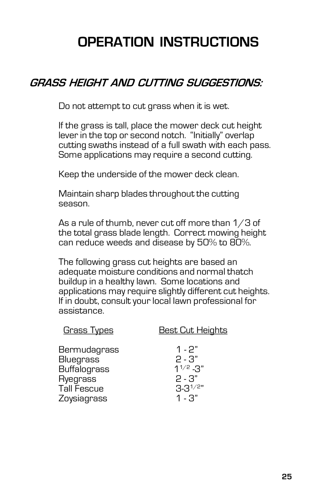 Dixon 13633-0702 manual Grass Height and Cutting Suggestions, Do not attempt to cut grass when it is wet 