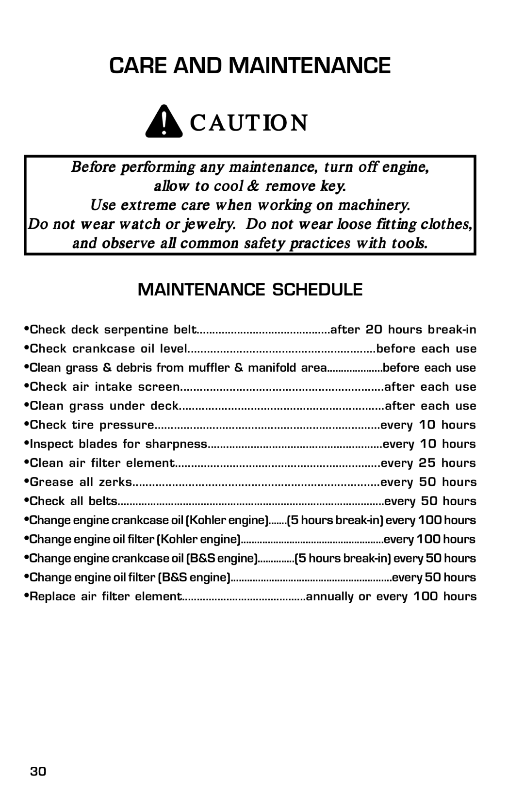 Dixon 13633-0702 manual Care and Maintenance, Maintenance Schedule 