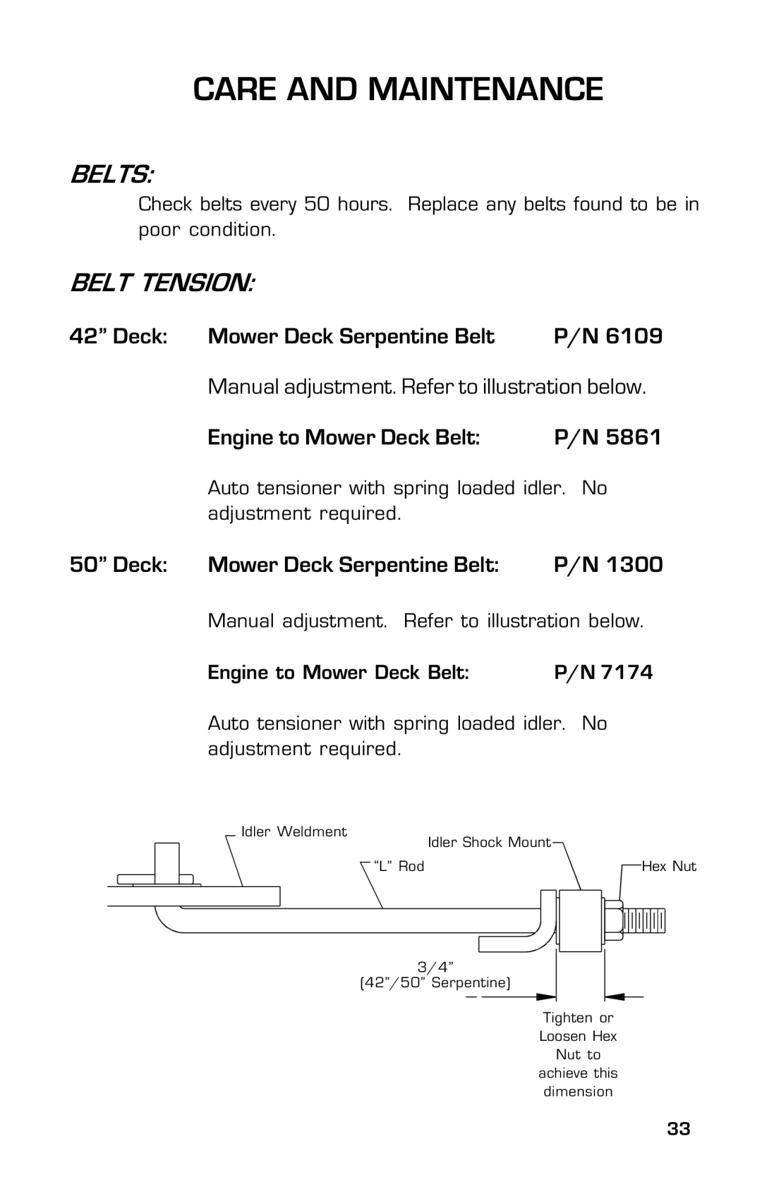 Dixon 13633-0702 manual Belts, Belt Tension 