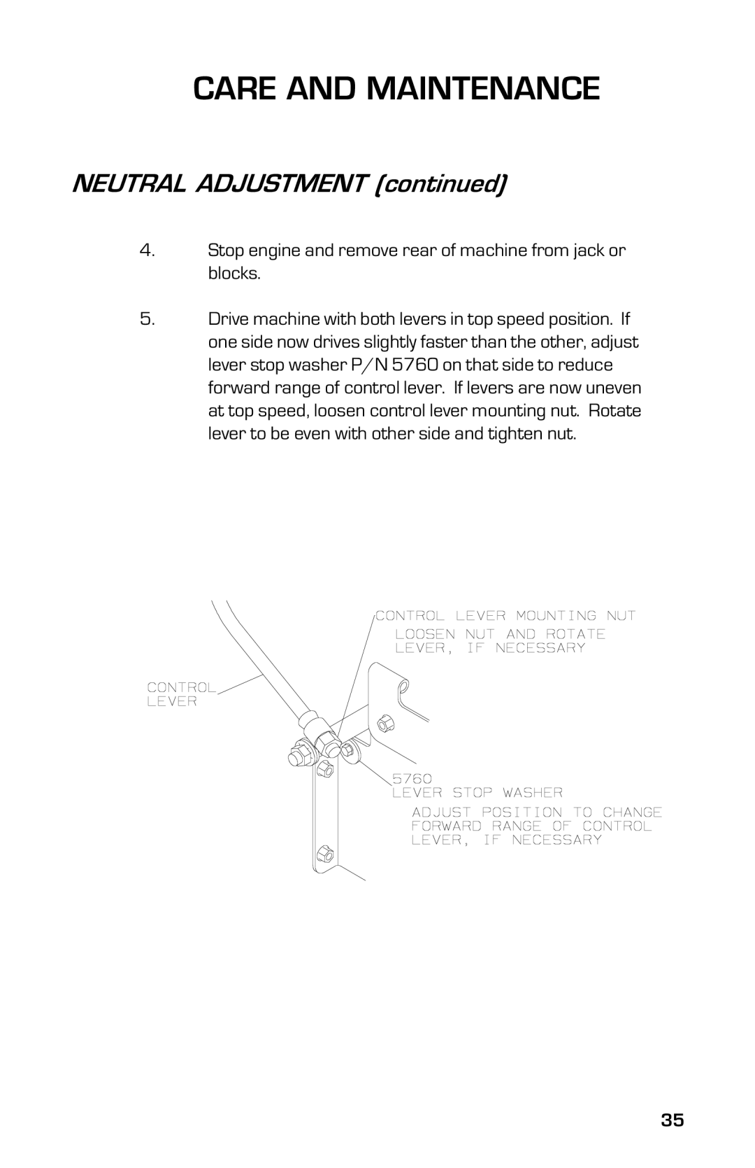 Dixon 13633-0702 manual Neutral Adjustment, Stop engine and remove rear of machine from jack or blocks 