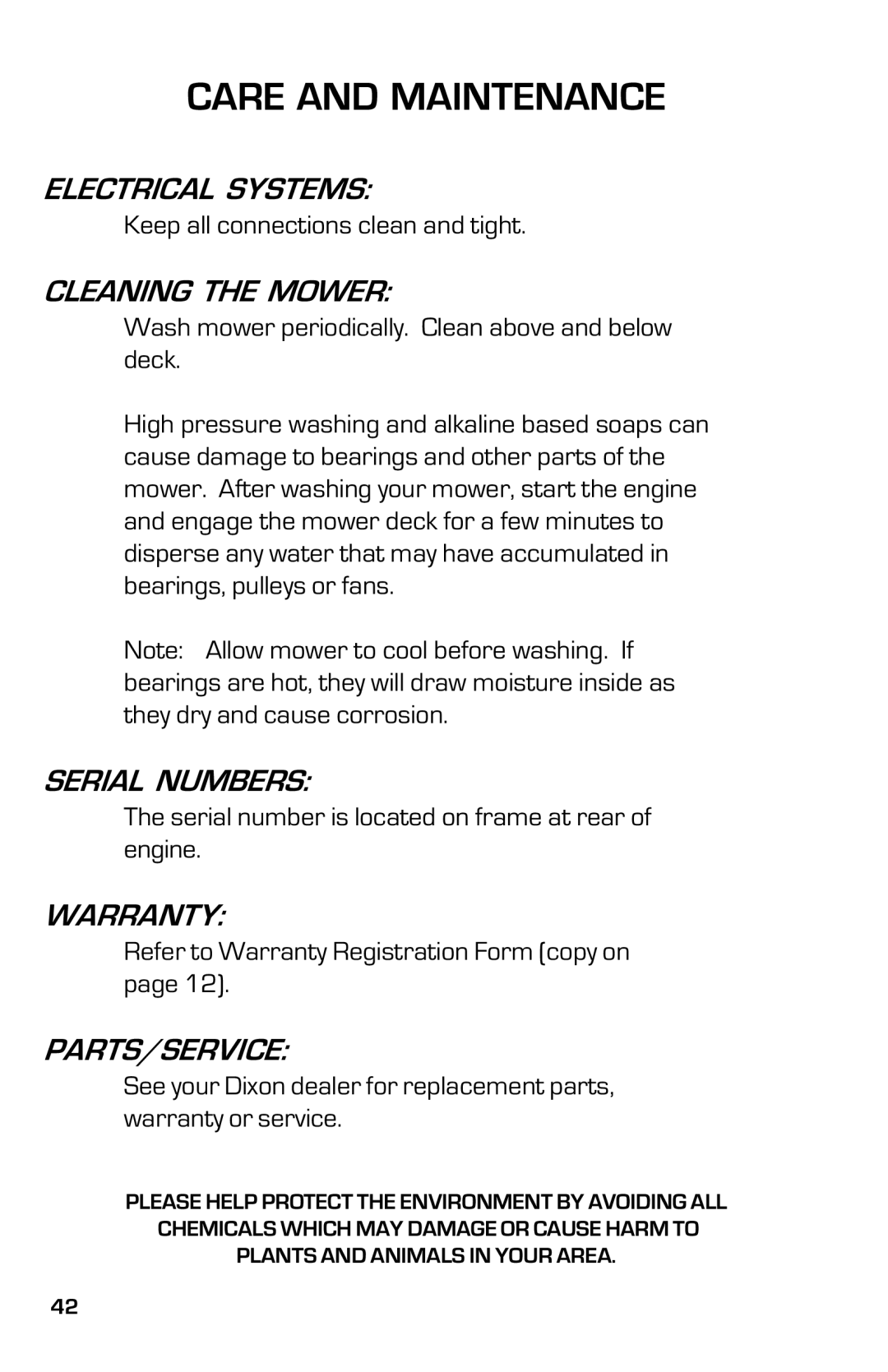 Dixon 13633-0702 manual Electrical Systems, Cleaning the Mower, Serial Numbers, Warranty, Parts/Service 