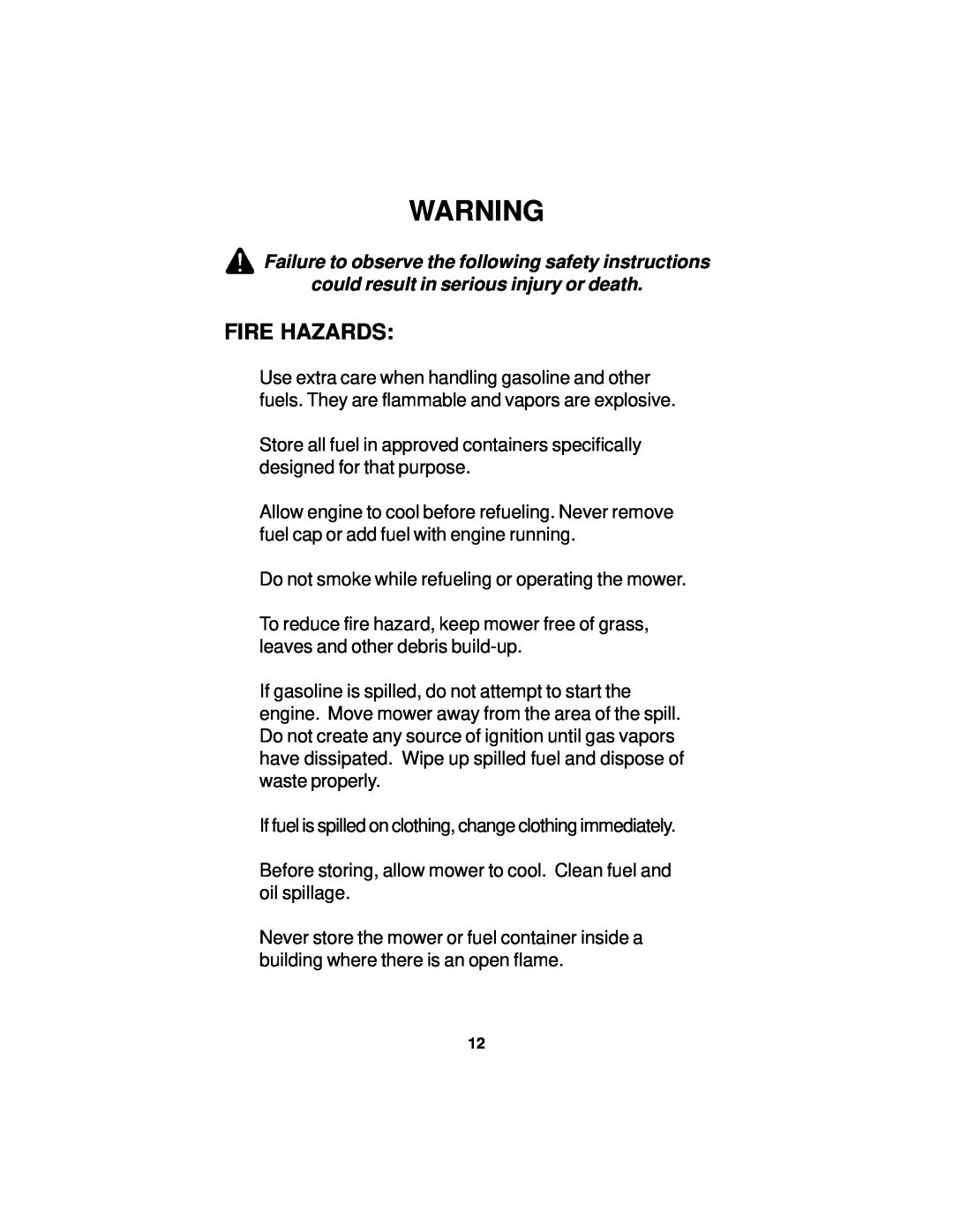 Dixon 14295-0804 manual Fire Hazards 