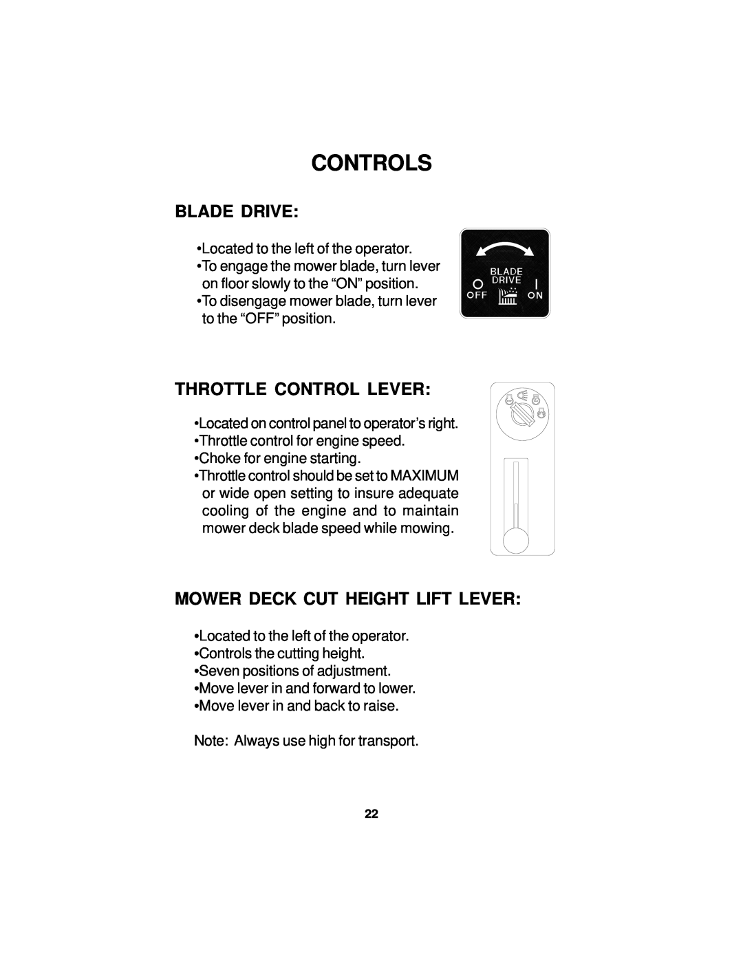 Dixon 14295-0804 manual Blade Drive, Throttle Control Lever, Mower Deck Cut Height Lift Lever, Controls 