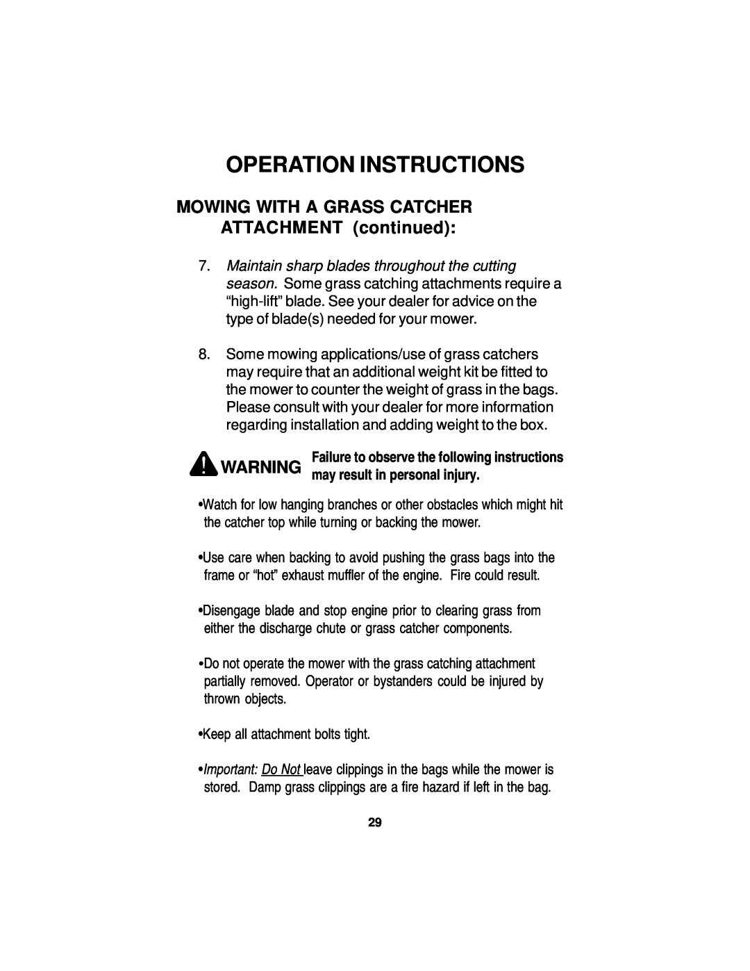 Dixon 14295-0804 manual MOWING WITH A GRASS CATCHER ATTACHMENT continued, Operation Instructions 