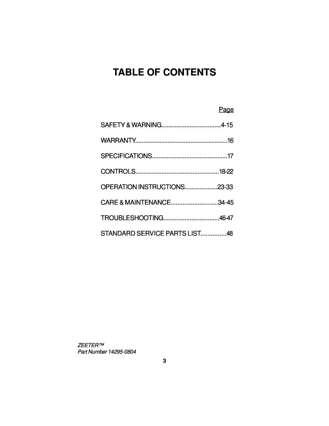Dixon 14295-0804 Table Of Contents, Safety & Warning, Controls, 18-22, 23-33, Care & Maintenance, Troubleshooting, 46-47 